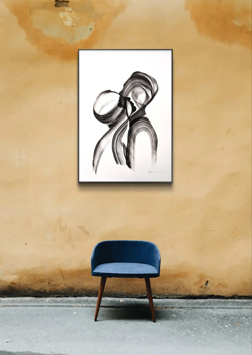 Expressive Portrait Ink Drawing By Nicol Vacaru, 15 X 22", Embrace Of Light, Original Artwork