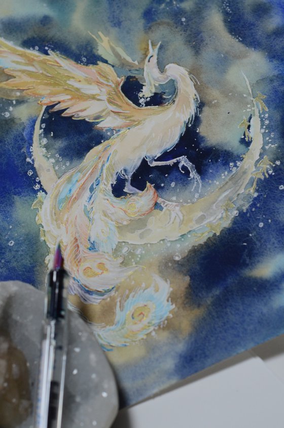 Lunar Firebird, Fantasy bird in watercolour
