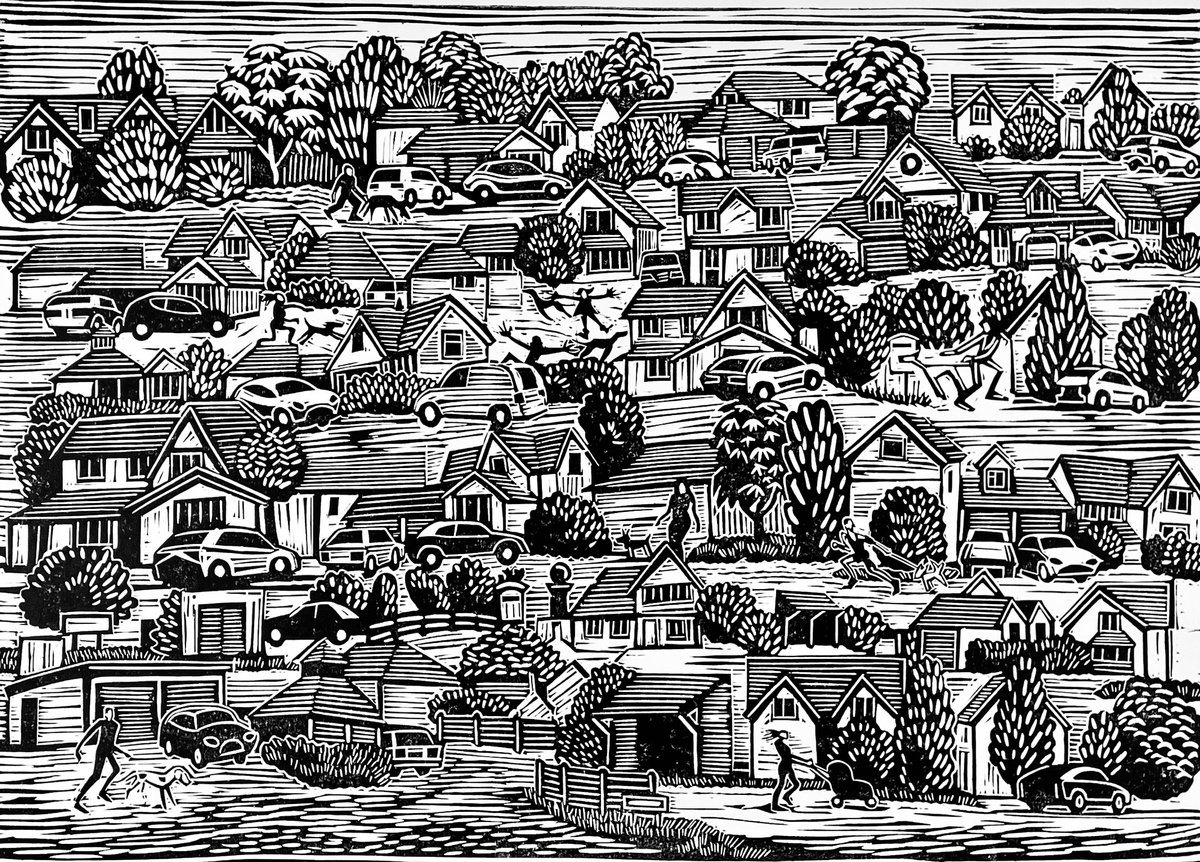 Graphic Cityscapes Linocut By Mark Howard Jones, 24 X 17", Morning Walk, Original Artwork