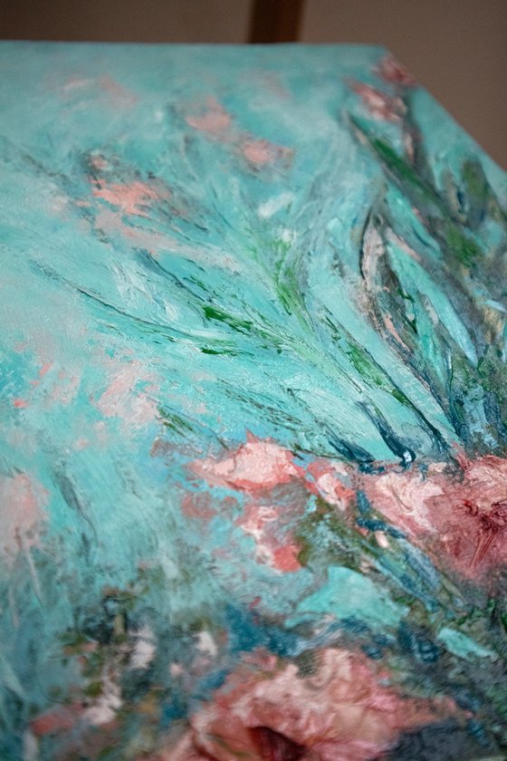 Coral oleanders | 50*60 cm | impasto volumetric oil painting of flowers