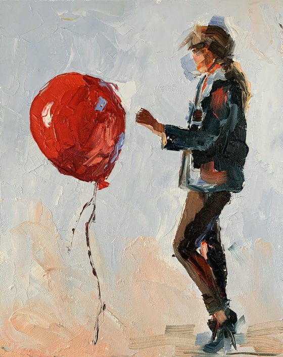 Woman, red air balloon.