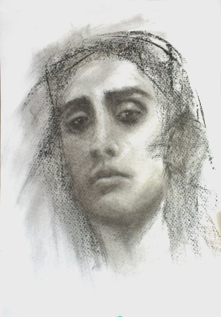 Expressive Portrait Charcoal Drawing By Sbboursot, 17 X 24", Androgynous, Original Artwork