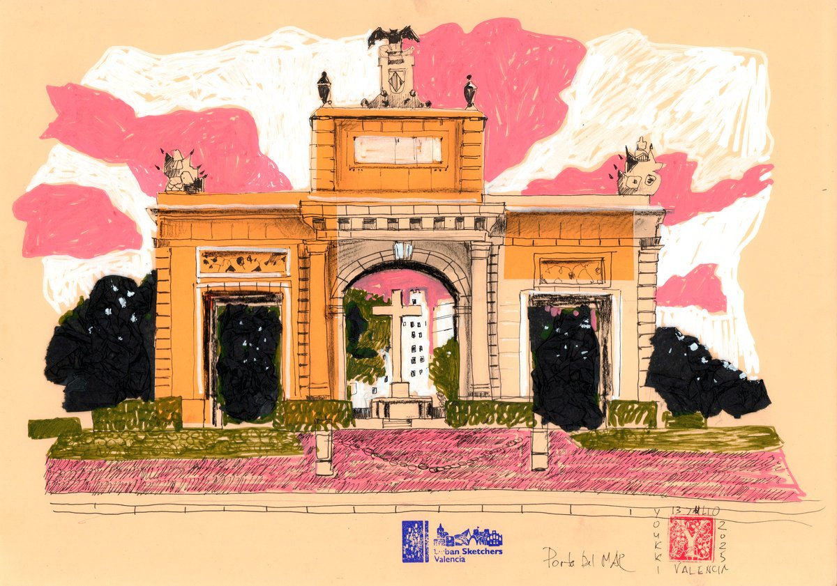 Impressionistic Cityscapes Painting By Anastasia Mamoshina, 17 X 12, Puerta Del Mar Valencia Spain, Original Artwork