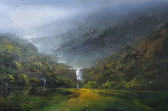 " The secret of the green valley - The way of waterfall " W 120 x H 80 cm