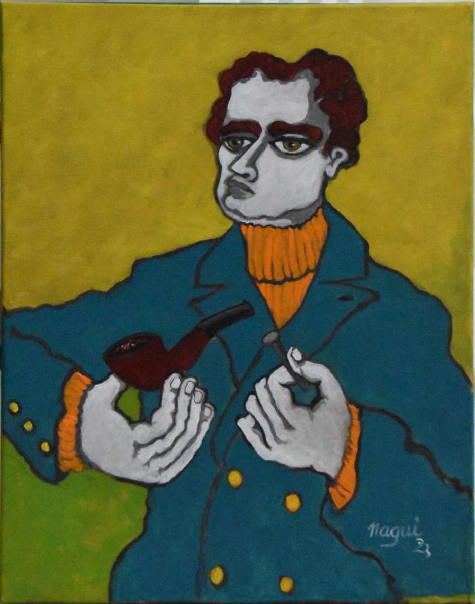 Expressive Portrait Acrylic Painting By Nagui, 16 X 20", Man With Pipe, Original Artwork