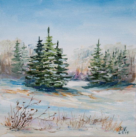 Winter forest. Oil painting. Original Art. Christmas trees. Miniature 6" x 6"