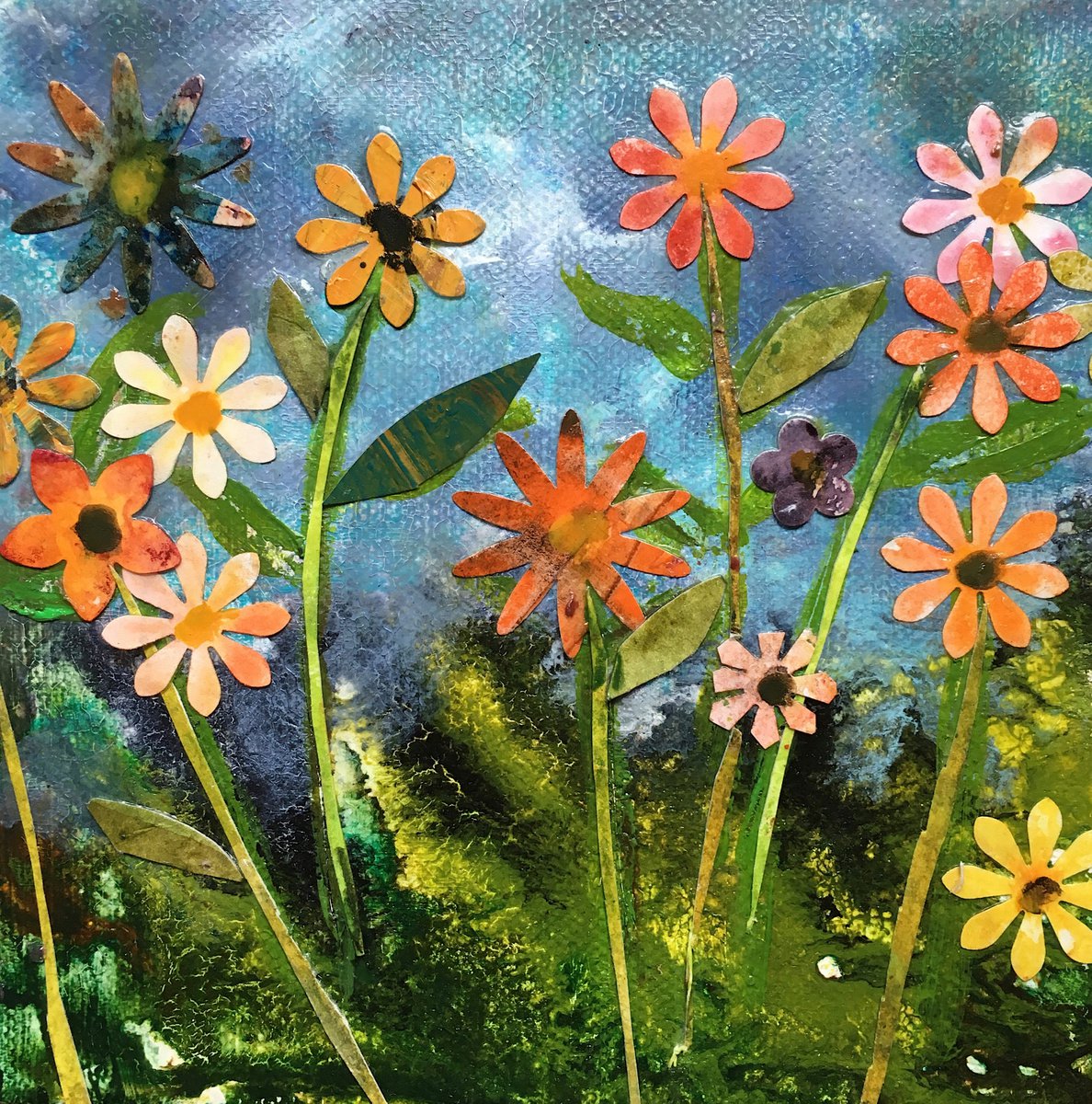 Flower meadow on blue canvas by Suzsi Corio