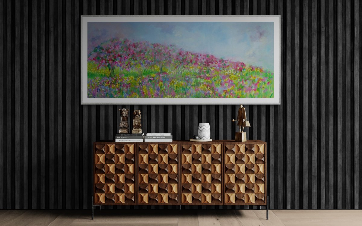 Impressionistic Botanical Oil Painting By Lesley Blackburn, 48 X 20", Cherry Blossom, Original Artwork