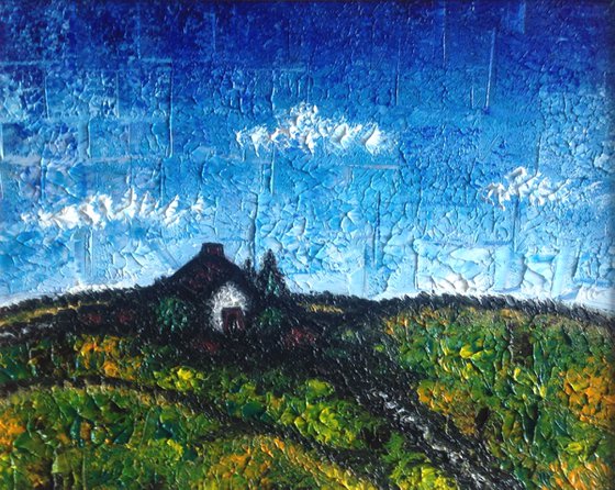 "My Secret Cottage" - Original PMS Micro Painting on Glass, Framed - 11" x 9"