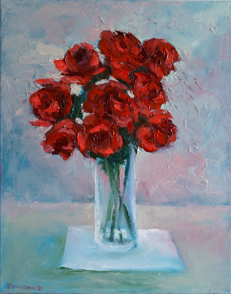 Impressionistic Botanical Oil Painting By Juri Semjonov, 16 X 20", Red Roses, Original Artwork