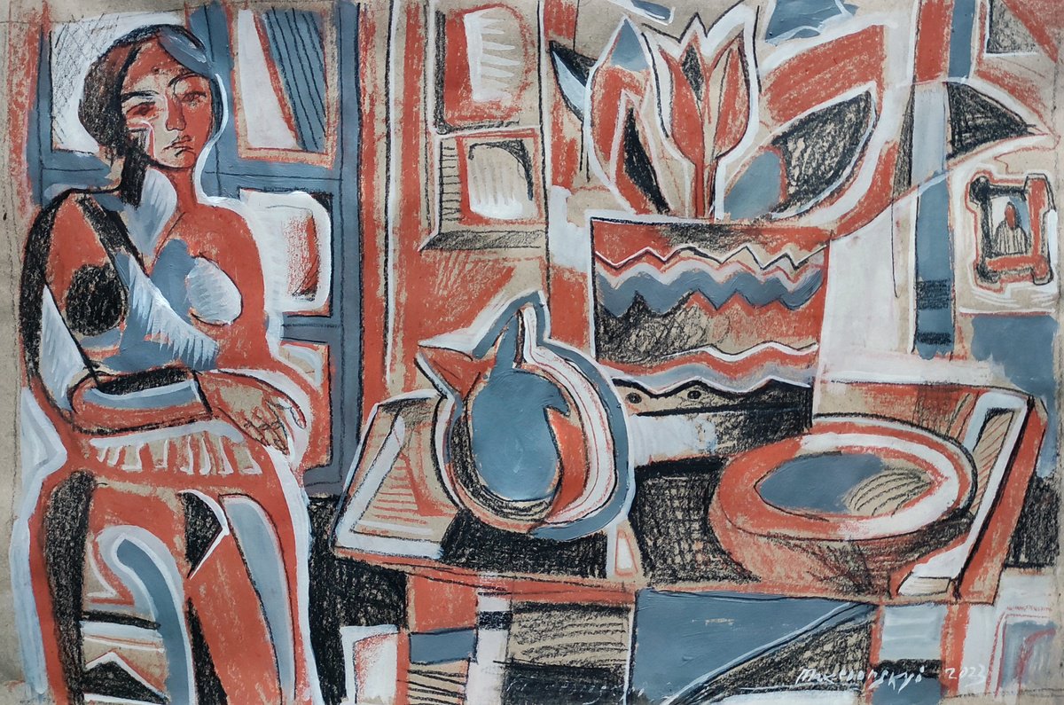 Impressionistic Portrait Drawing By Pavlo Makedonskyi, 20 X 14", Reverie, Original Artwork