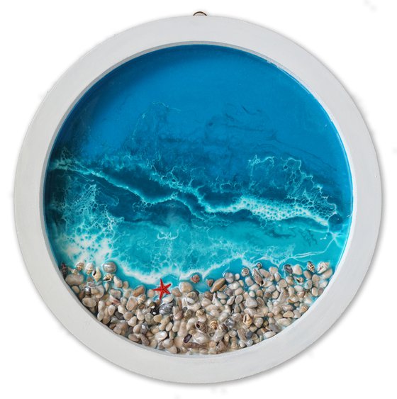 Porthole with sea view - original seascape 3d artwork, framed, ready to hang