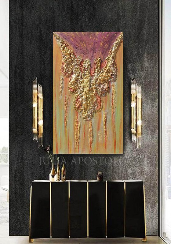 Luxury Wall Art, Original Royal Painting, Gold and Copper Unique Sculpture Art, Relief, Contemporary Ready to Hang Rich Texture Abstract, Large Wall Art, Mixed Media Canvas Painting ''The Queen's Necklace''