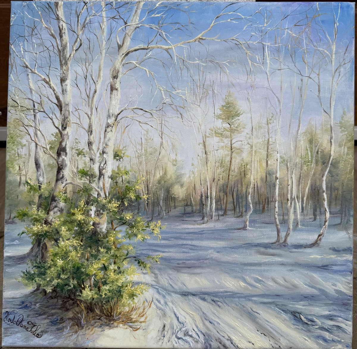 Photorealistic Landscape Oil Painting By Oana Voda, 16 X 16", Sun And Cold, Original Artwork