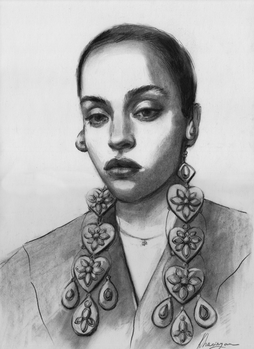 Impressionistic Portrait Charcoal Drawing By Anna Khaninyan, 12 X 17, Fashion Portrait, Original Artwork