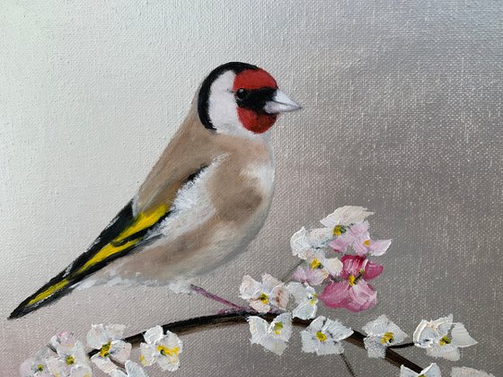 Goldfinch and Cherry Blossom on Silver