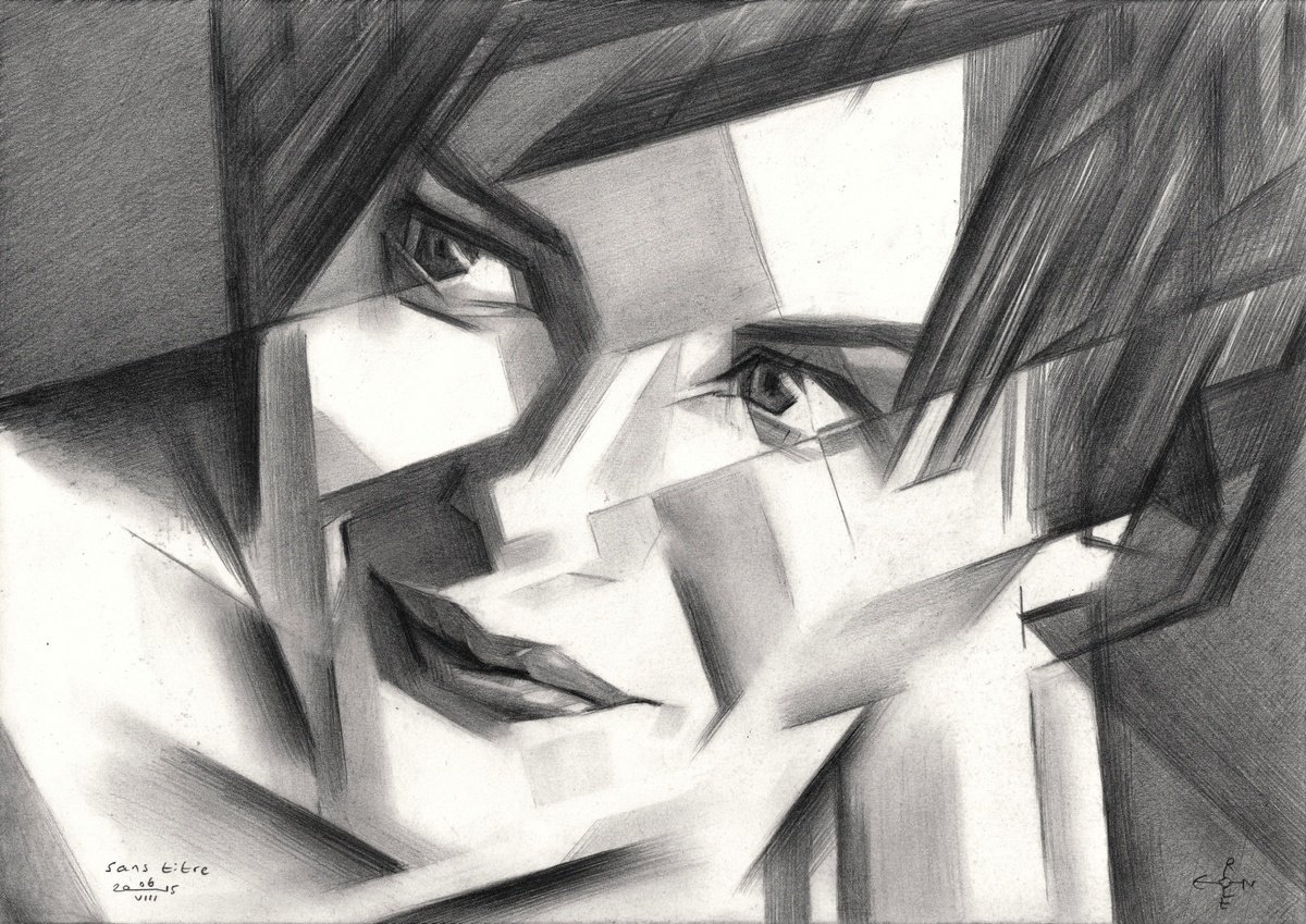 Abstract Portrait Pencil Drawing By Corne Akkers, 12 X 8, Sans Titre - 06-08-15, Original Artwork