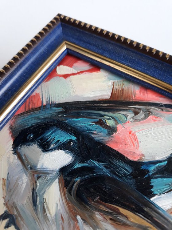 Swallow in flight small oil painting in frame