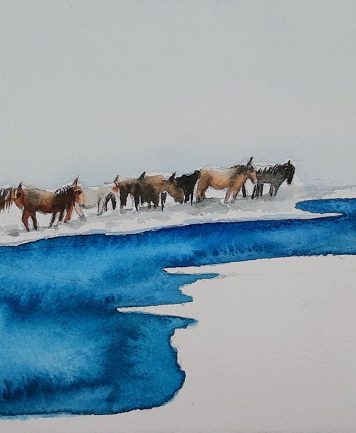 Horses near the river in winter by Yuliia Sharapova