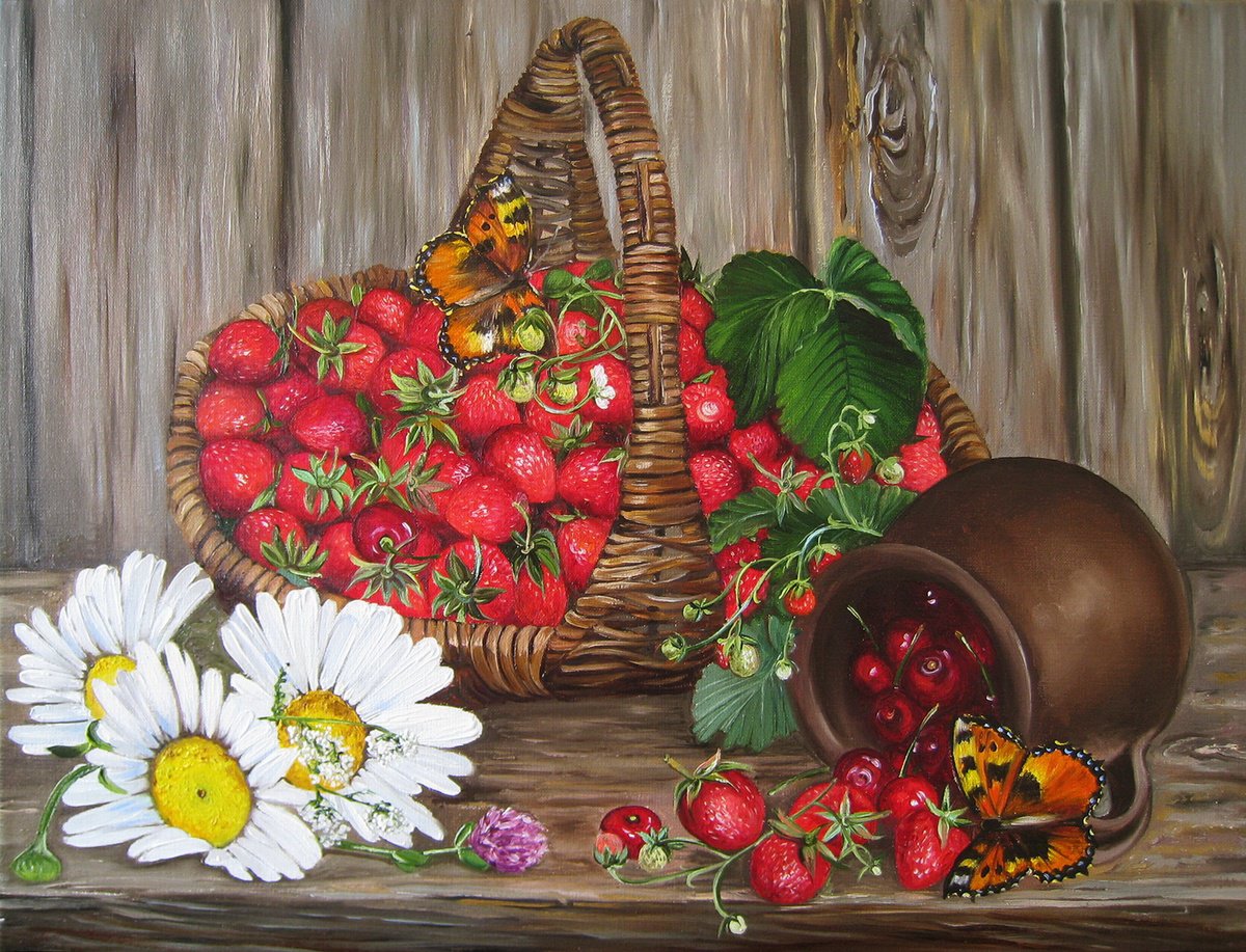 Photorealistic Oil Painting , Basket Of Strawberries By Natalia Shaykina, 16 X 12, Artwork For Sale On Artfinder
