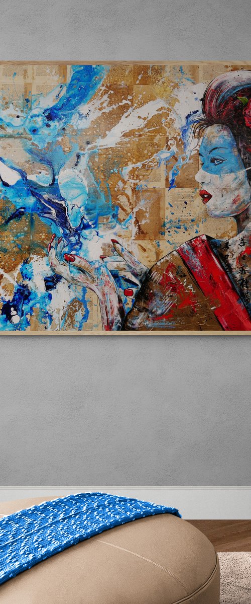 Akai Mizu 200cm x 120cm Geisha Book Page Abstract Realism Art by Franko