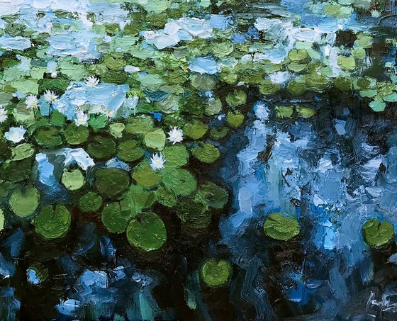 "Water-Lilies pond"-100x70cm large original oil painting by Artem Grunyka