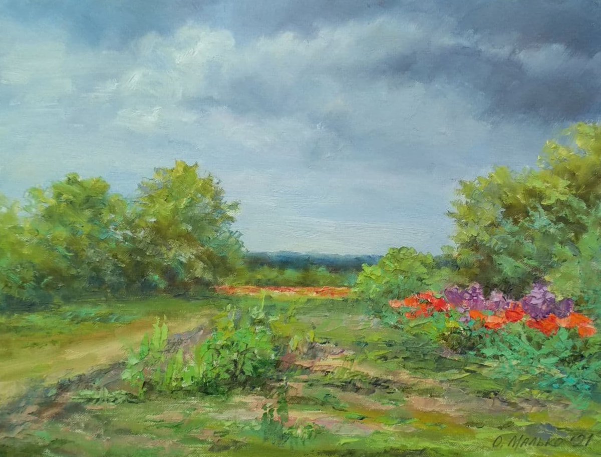 Poppies before a rain / Plain air painting in oil. Summer landscape. Original artwork by Olha Malko