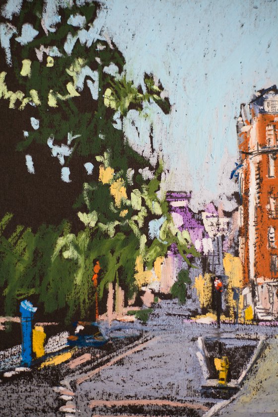 London walk. Original oil pastel painting. Small city street scene impressionism impression architecture decor travel UK england urban