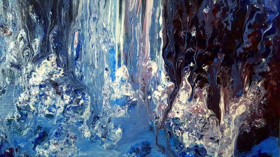 Waterfall - small abstract painting on stretched canvas, ready to hang, unique frothing technique 20x20 cm