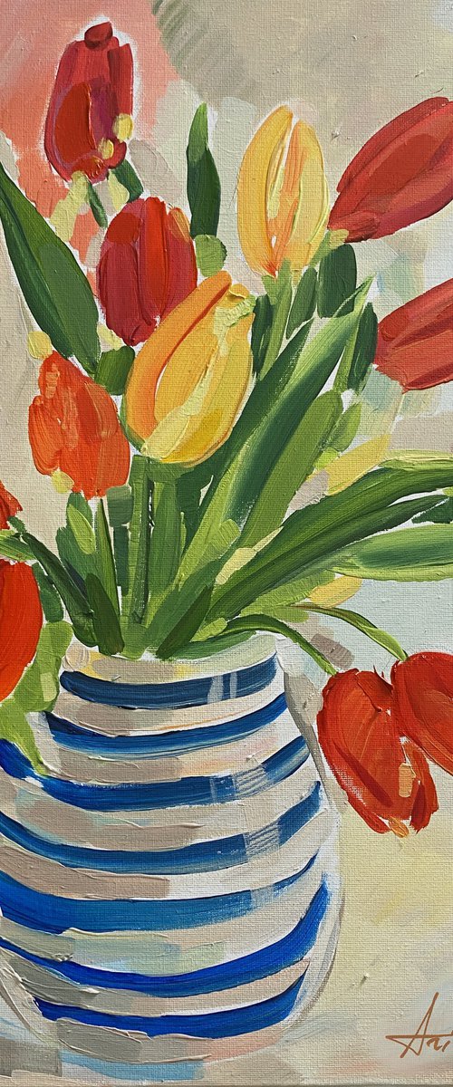 Striped Vase with Tulips by Ariela Stem