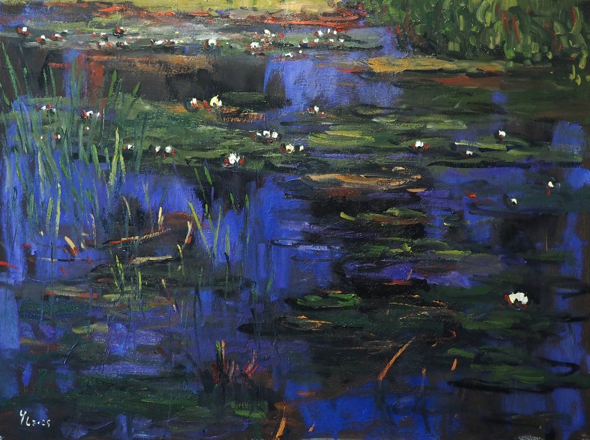 Impressionistic Landscape Oil Painting By Yuanyuan Liu, 31 X 24", Water Lilies, Original Artwork