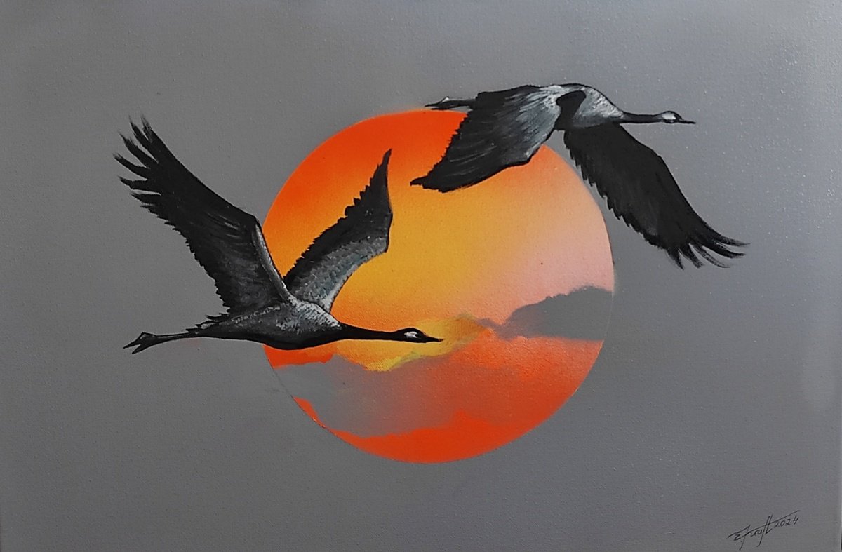 Expressive Animal Acrylic Painting By Elena Kraft, 24 X 16, On The Wings Of The Sunset, Original Artwork