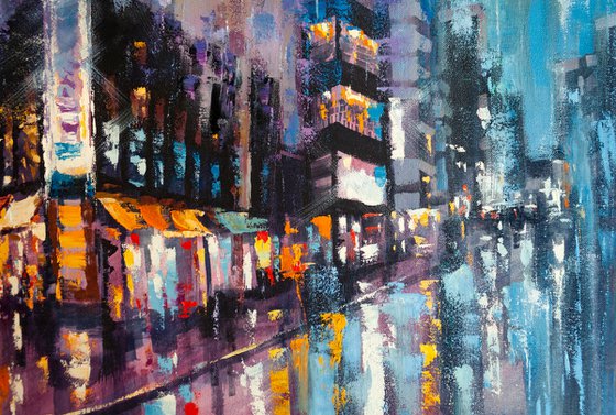 Night city after rain , big painting 80х60