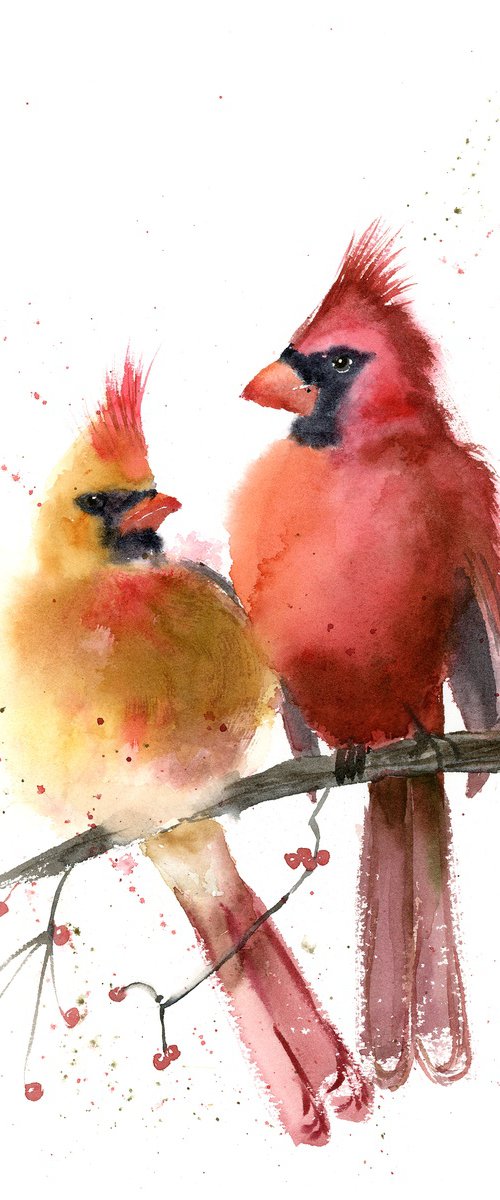 Two Cardinals - original watercolor painting by Olga Tchefranov (Shefranov)