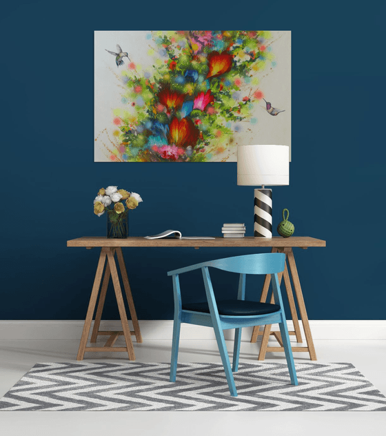 Flowers and Hummingbirds, Large Painting