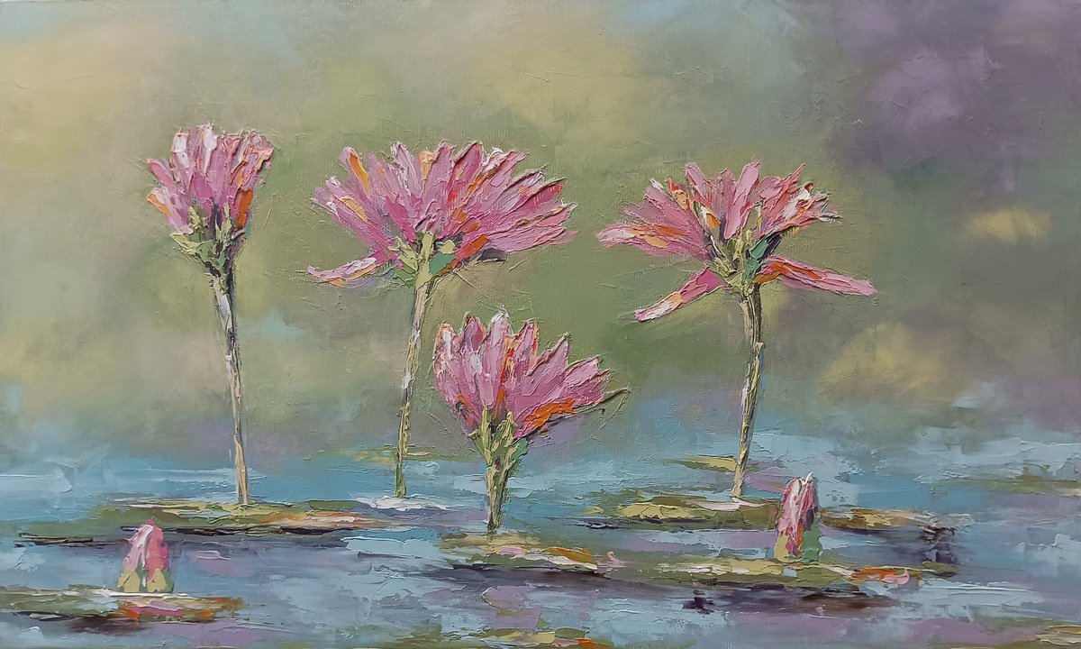 Red Lilies water. Flowers in water. Oil on canvas by Marinko Saric