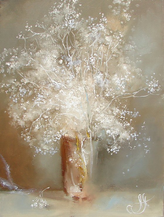 White bouquet oil painting, Neutral wall art - White floral painting
