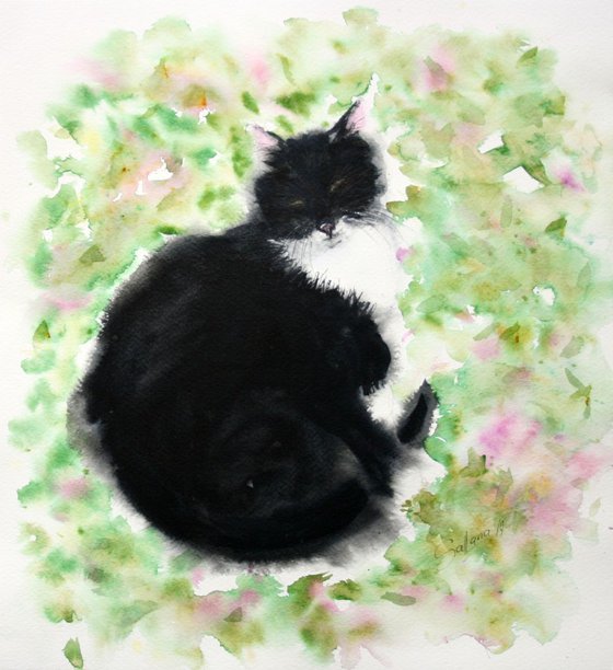 A CAT BASKING IN THE AUTUMN SUN... II / ORIGINAL PAINTING