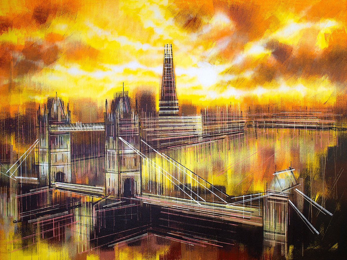Impressionistic Cityscapes Acrylic Painting By Marc Todd, 40 X 30", Tower Bridge London, At Sunset, Original Artwork