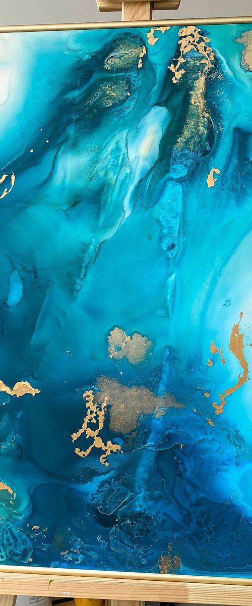 Ocean Blue Gold Fluid Painting by Mily Art