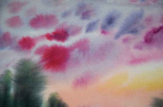 Sunset landscape painting, ORIGINAL watercolor painting, pink flowers wall art