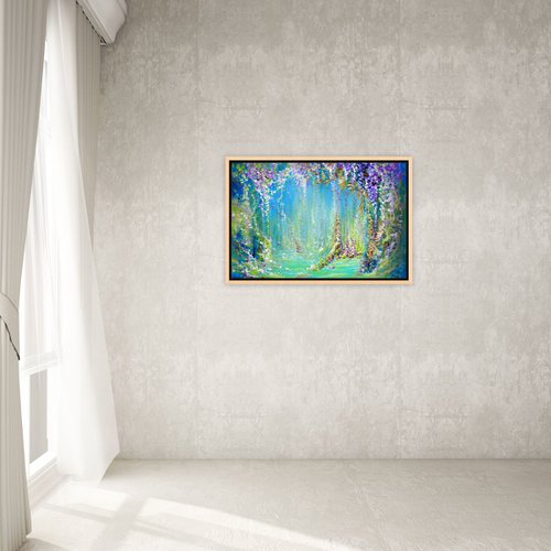 Abstract Landscape "Magic Forest" Painting. Floral Abstract Tropical Flowers and Birds. Original Blue Teal Green Painting on Canvas. Modern Impressionism Art by Sveta Osborne