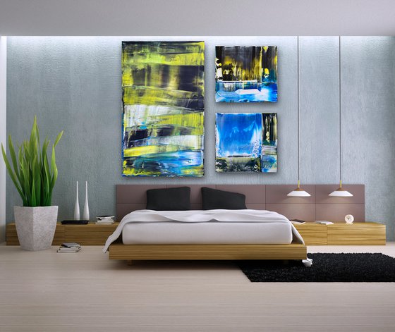 "Locals Only" - Save As A Series - Original PMS Abstract Acrylic Painting Triptych On Gallery Wrap Canvas and Recycled Wooden Desk Panels - 63" x 60"