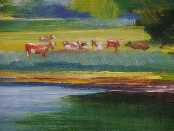 Summer. Cows near the water