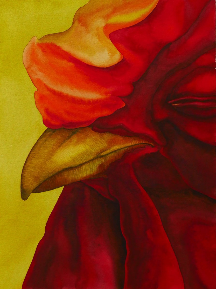 Impressionistic Animal Watercolour By Karina Danylchuk, 12 X 16", Rooster In The Fire. Part 2, Original Artwork