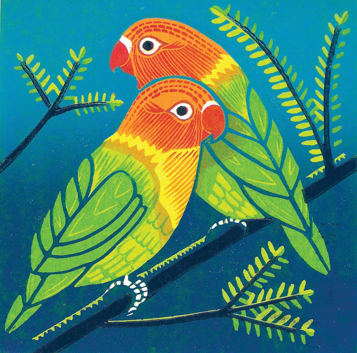 Expressive Linocut , Lovebirds By Amanda Ribbans, 7 X 7, Artwork For Sale On Artfinder