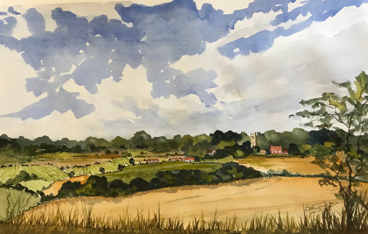 Expressive Landscape Watercolour By Brian Tucker, 21 X 13, Vineyards Near Stone In Oxney, Kent, Original Artwork