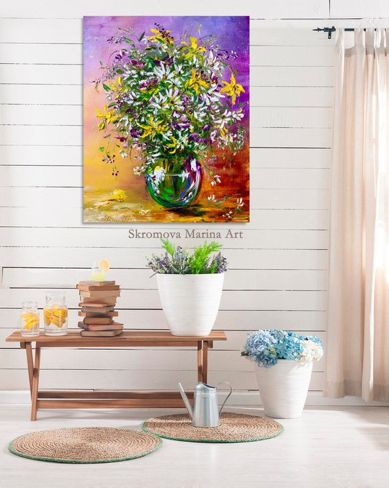 SUMMER FIREWORKS - Amazing bouquet. Bright flowers. wild lilies. Summer bouquet. Floral still life. Yellow. Vase.