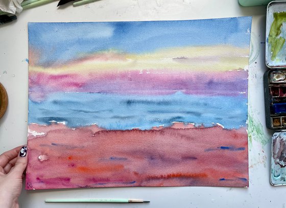 Seascape Watercolor Painting, Sea Ocean Wall Art, Sunset Large Original Painting, Coastal Home Decor