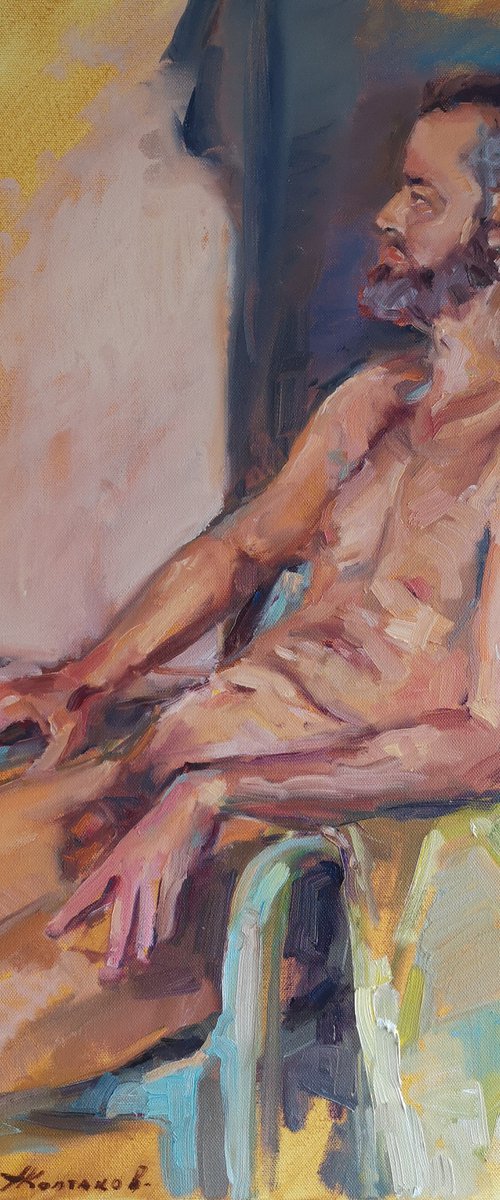 Male nude study, original, one of a kind, oil on canvas portrait by Alexander Koltakov